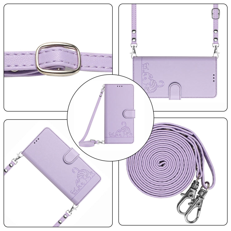 For OnePlus 12 5G Global Cat Rat Embossed Pattern RFID Leather Phone Case with Lanyard(Purple) - OnePlus Cases by buy2fix | Online Shopping UK | buy2fix