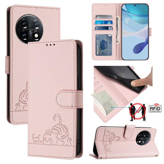 For OnePlus 11 Cat Rat Embossed Pattern RFID Leather Phone Case with Lanyard(Pink) - OnePlus Cases by buy2fix | Online Shopping UK | buy2fix