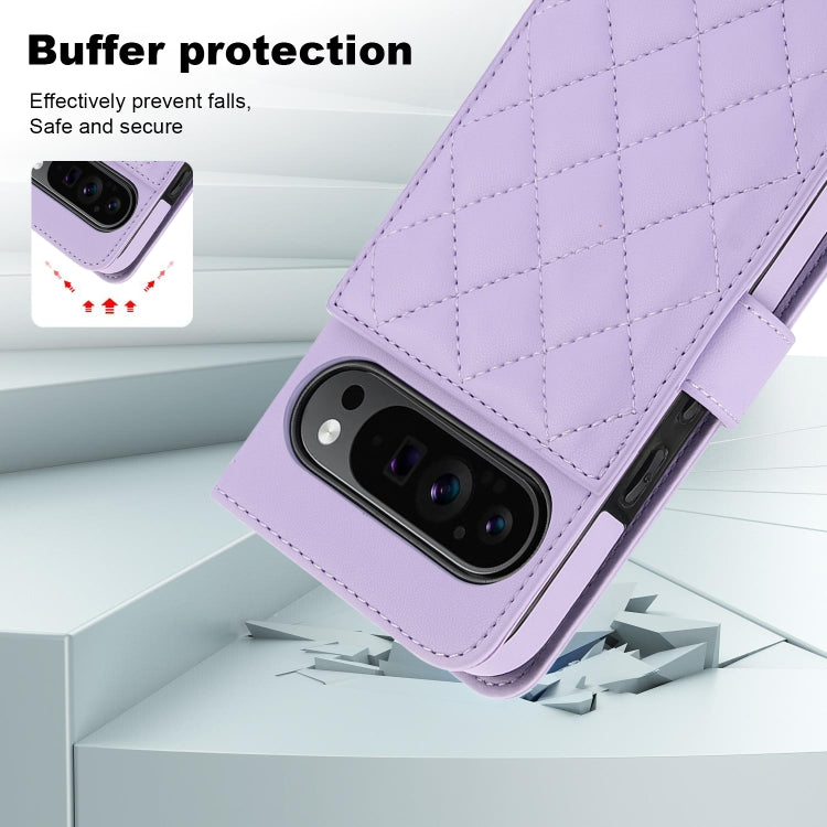 For Google Pixel 9 Crossbody Multifunction Rhombic Leather Phone Case(Purple) - Google Cases by buy2fix | Online Shopping UK | buy2fix