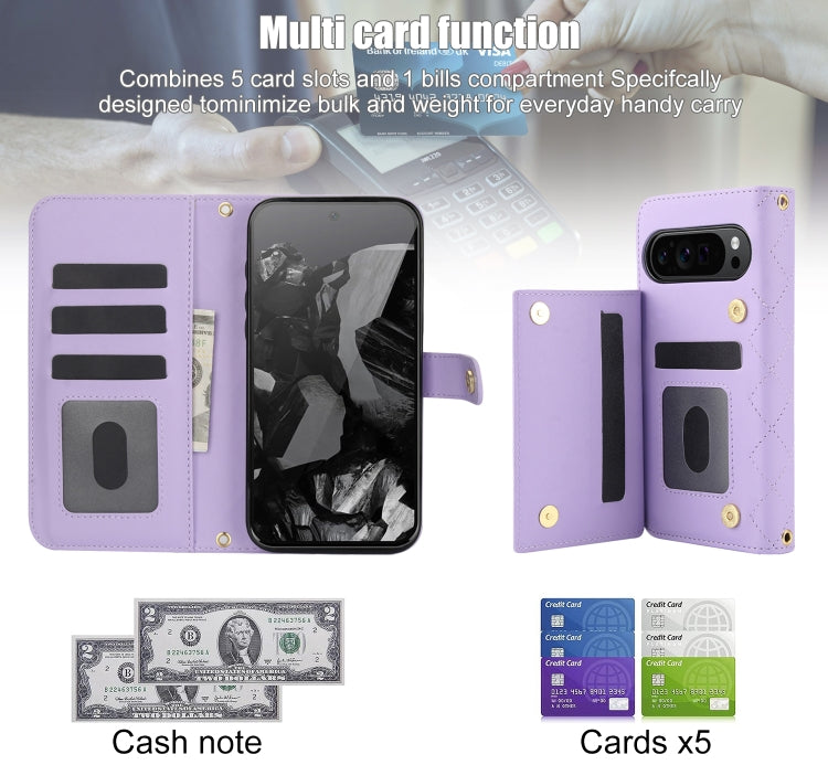 For Google Pixel 9 Pro XL Crossbody Multifunction Rhombic Leather Phone Case(Purple) - Google Cases by buy2fix | Online Shopping UK | buy2fix