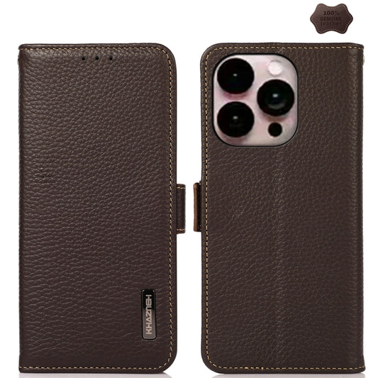 For iPhone 16 Pro Max KHAZNEH Side-Magnetic Litchi Genuine Leather RFID Case(Brown) - iPhone 16 Pro Max Cases by buy2fix | Online Shopping UK | buy2fix