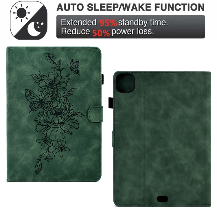 For iPad Pro 11 2024 Peony Butterfly Embossed Leather Smart Tablet Case(Green) - iPad Pro 11 2024 Cases by buy2fix | Online Shopping UK | buy2fix