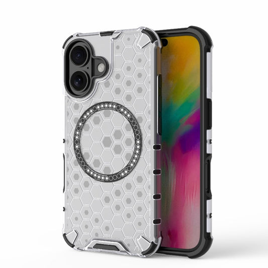 For iPhone 16 Honeycomb Magnetic Ring Shockproof Phone Case(White) - iPhone 16 Cases by buy2fix | Online Shopping UK | buy2fix