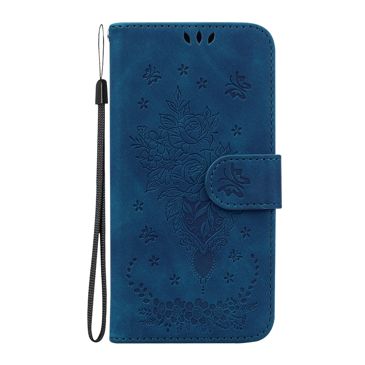 For iPhone 16 Plus Butterfly Rose Embossed Leather Phone Case(Blue) - iPhone 16 Plus Cases by buy2fix | Online Shopping UK | buy2fix