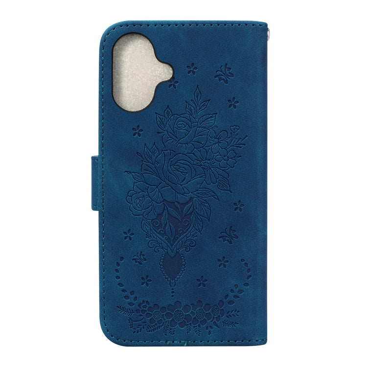 For iPhone 16 Plus Butterfly Rose Embossed Leather Phone Case(Blue) - iPhone 16 Plus Cases by buy2fix | Online Shopping UK | buy2fix