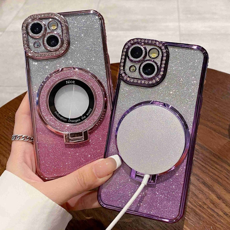 For iPhone 14 Plus Gradient Glitter Diamond Plated Holder Magsafe Phone Case(Purple) - iPhone 14 Plus Cases by buy2fix | Online Shopping UK | buy2fix