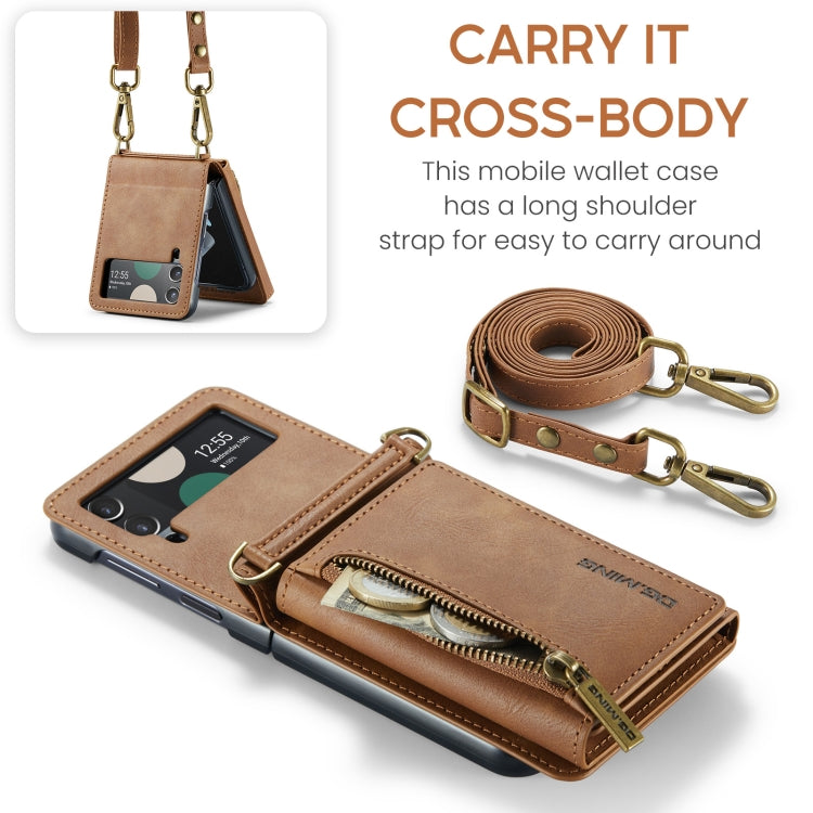 For Samsung Galaxy Z Flip4 5G DG.MING M5 Series Zip RFID Multi Card Detachable Leather Phone Case with Long Lanyard(Brown) - Galaxy Z Flip4 5G Cases by DG.MING | Online Shopping UK | buy2fix