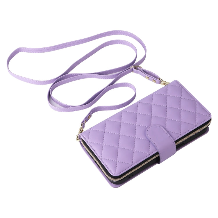 For iPhone 16 Pro Crossbody Rhombic Zipper Tower Buckle Leather Phone Case with Lanyard(Purple) - iPhone 16 Pro Cases by buy2fix | Online Shopping UK | buy2fix