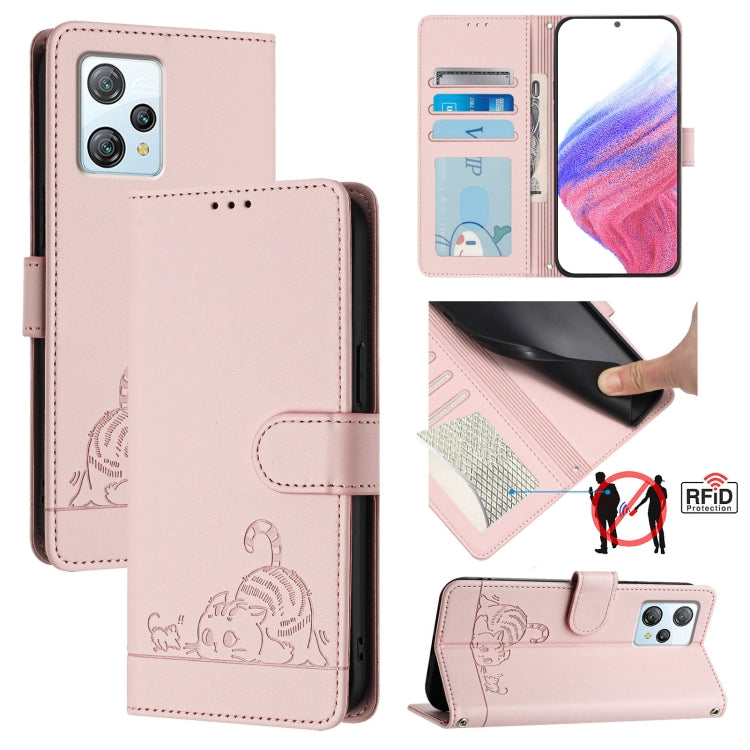 For Blackview A53 Cat Rat Embossed Pattern RFID Leather Phone Case with Lanyard(Pink) - More Brand by buy2fix | Online Shopping UK | buy2fix