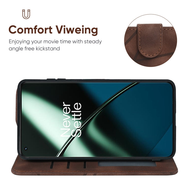 For OnePlus 11 Skin Feel Geometric Lines Leather Phone Case(Brown) - OnePlus Cases by buy2fix | Online Shopping UK | buy2fix