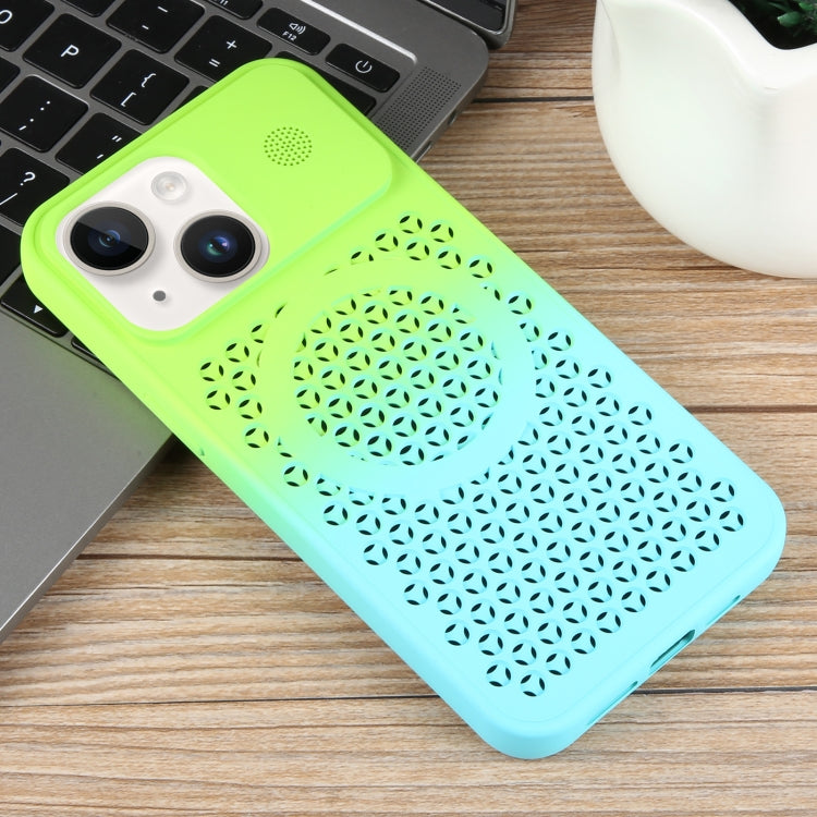 For iPhone 14 Gradient Color Honeycomb Aromatherapy MagSafe Phone Case(Green Blue) - iPhone 14 Cases by buy2fix | Online Shopping UK | buy2fix