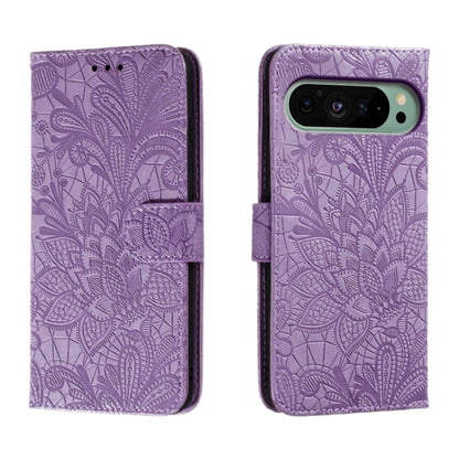 For Google Pixel 9 Lace Flower Embossing Flip Leather Phone Case(Purple) - Google Cases by buy2fix | Online Shopping UK | buy2fix