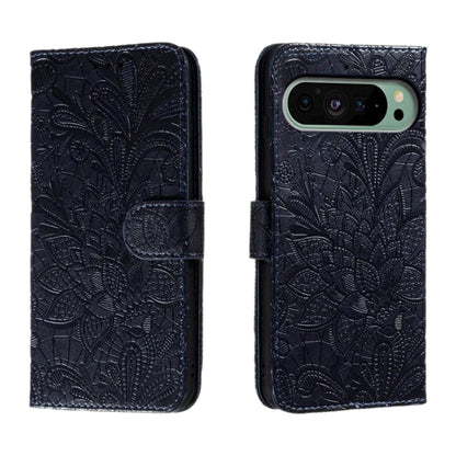 For Google Pixel 9 Lace Flower Embossing Flip Leather Phone Case(Dark Blue) - Google Cases by buy2fix | Online Shopping UK | buy2fix