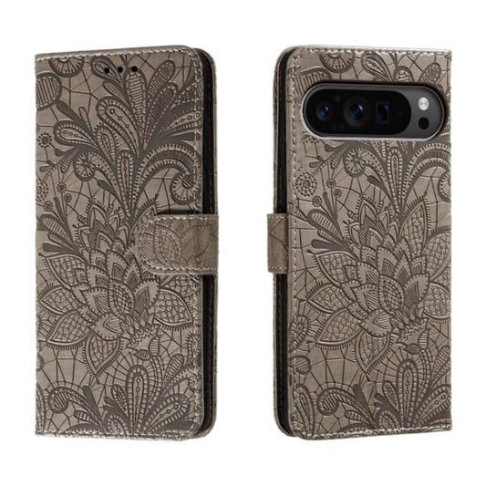 For Google Pixel 9 Pro Lace Flower Embossing Flip Leather Phone Case(Grey) - Google Cases by buy2fix | Online Shopping UK | buy2fix