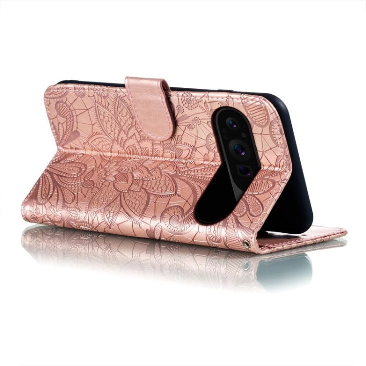 For Google Pixel 9 Pro Lace Flower Embossing Flip Leather Phone Case(Rose Gold) - Google Cases by buy2fix | Online Shopping UK | buy2fix