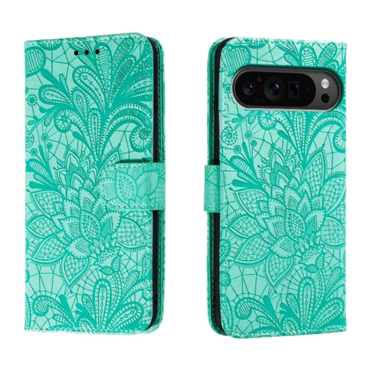 For Google Pixel 9 Pro Lace Flower Embossing Flip Leather Phone Case(Green) - Google Cases by buy2fix | Online Shopping UK | buy2fix