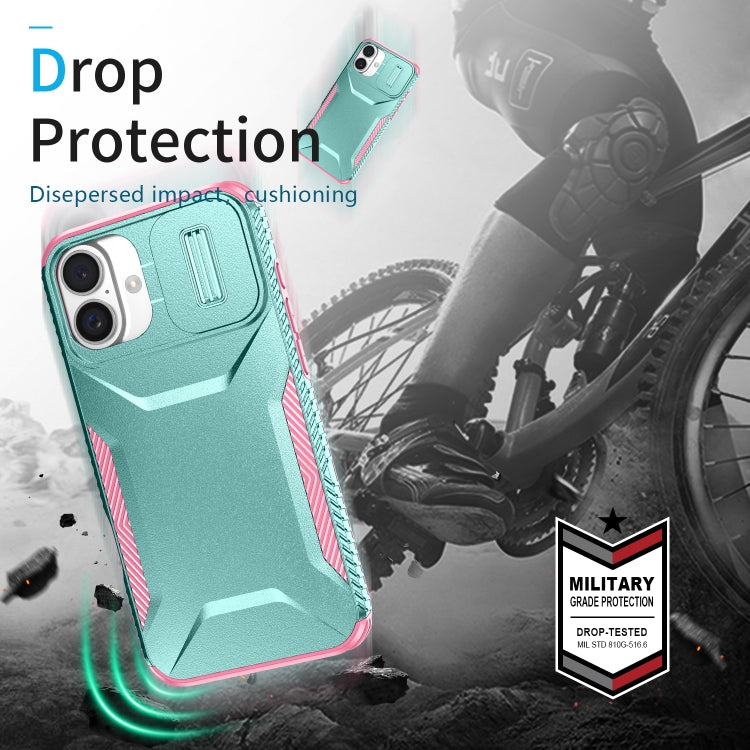 For iPhone 16 Plus Sliding Camshield Phone Case(Grey Green + Pink) - iPhone 16 Plus Cases by buy2fix | Online Shopping UK | buy2fix