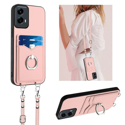 For Motorola Moto G Play 2024 5G R20 Crossbody Rope Ring Card Holder Phone Case(Pink) - Motorola Cases by buy2fix | Online Shopping UK | buy2fix