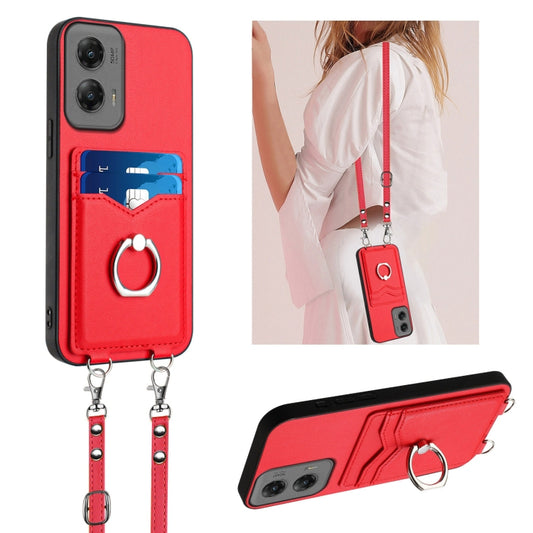 For Motorola Moto G Stylus 5G 2024 R20 Crossbody Rope Ring Card Holder Phone Case(Red) - Motorola Cases by buy2fix | Online Shopping UK | buy2fix