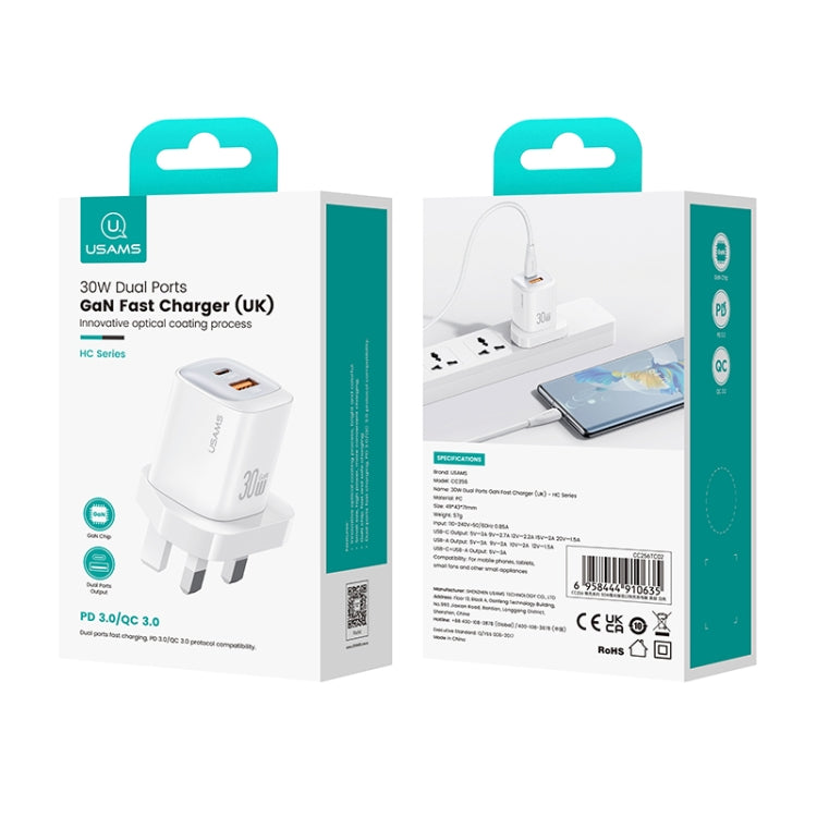 USAMS CC256 30W USB+USB-C / Type-C Dual Port GaN Fast Charger, UK Plug(White) - USB Charger by USAMS | Online Shopping UK | buy2fix