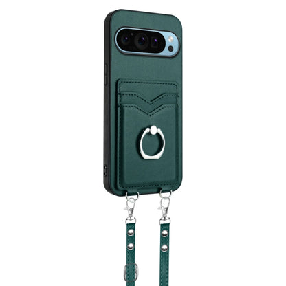 For Google Pixel 9 Pro XL R20 Crossbody Rope Ring Card Holder Phone Case(Green) - Google Cases by buy2fix | Online Shopping UK | buy2fix