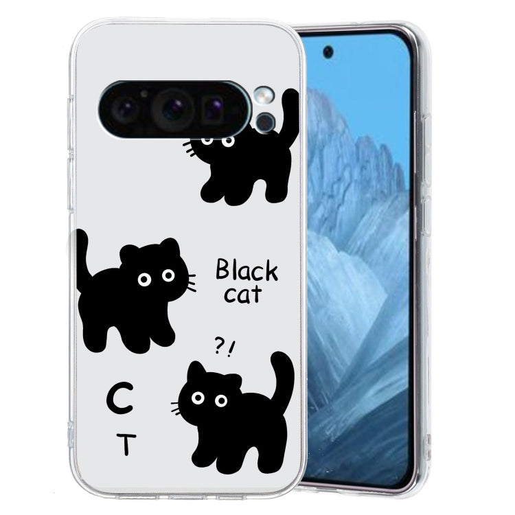 For Google Pixel 9 Pro Colored Drawing Pattern Transparent TPU Phone Case(Black Cat) - Google Cases by buy2fix | Online Shopping UK | buy2fix