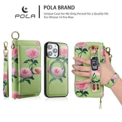 For iPhone 14 Plus POLA MagSafe Flower Multi-functional Zipper Wallet Leather Phone Case(Green) - iPhone 14 Plus Cases by buy2fix | Online Shopping UK | buy2fix