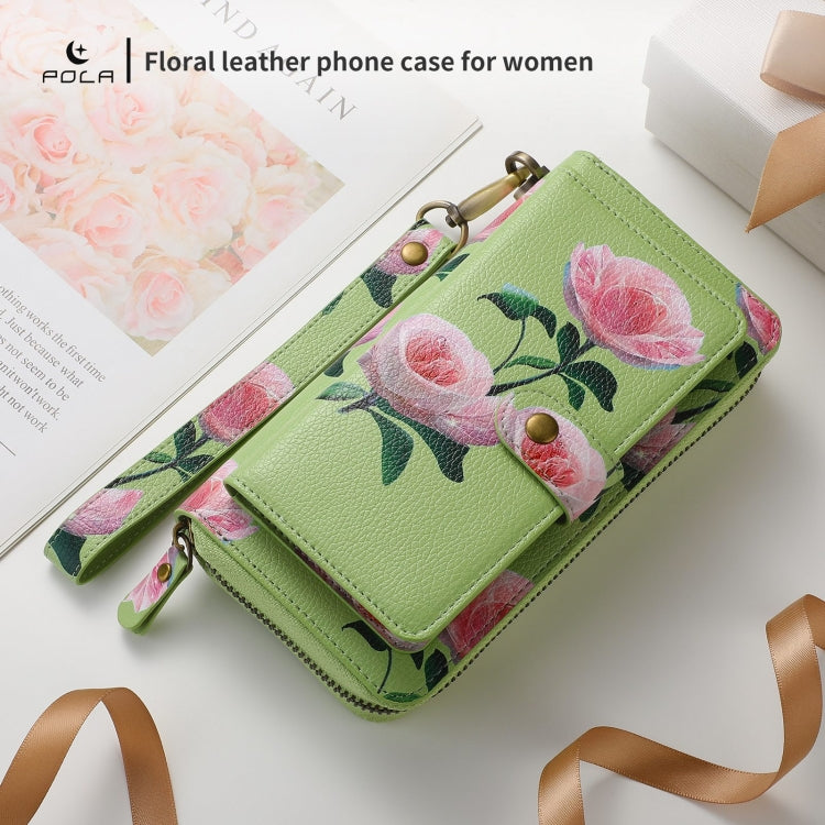 For iPhone 13 POLA MagSafe Flower Multi-functional Zipper Wallet Leather Phone Case(Green) - iPhone 13 Cases by buy2fix | Online Shopping UK | buy2fix