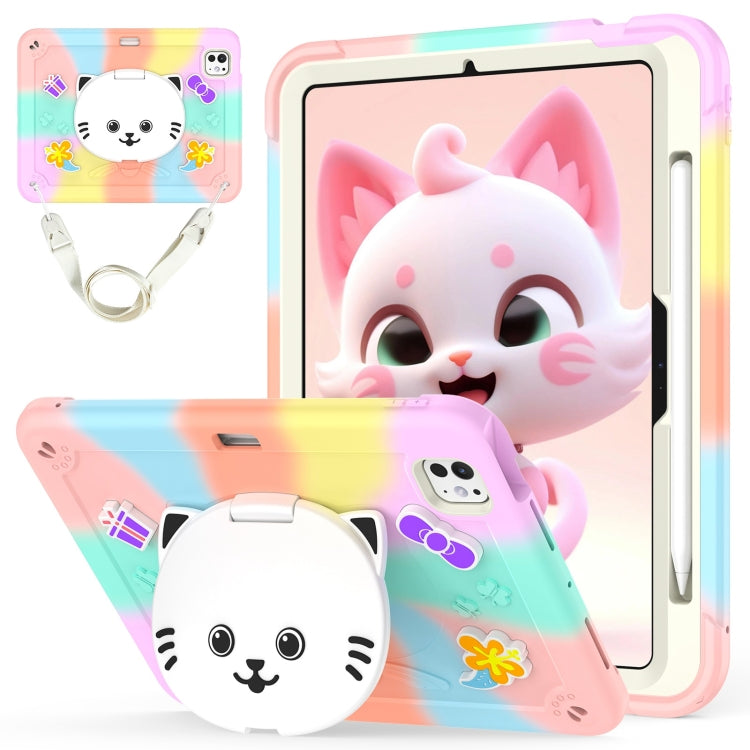 For iPad Pro 11 2024 Cat Holder Silicone Hybrid PC Tablet Case with Strap(Colorful Rose Gold) - iPad Pro 11 2024 Cases by buy2fix | Online Shopping UK | buy2fix