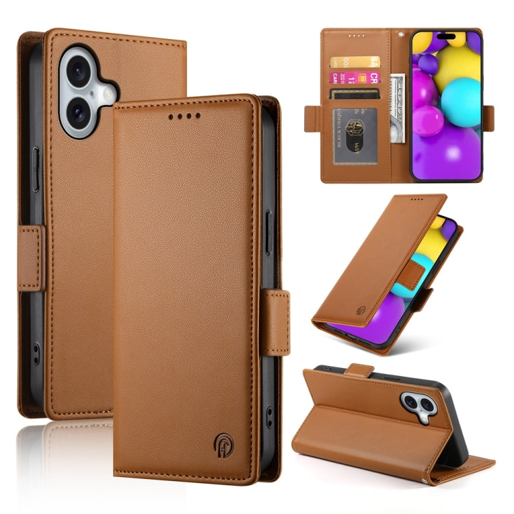 For iPhone 16 Side Buckle Magnetic Frosted Leather Phone Case(Brown) - iPhone 16 Cases by buy2fix | Online Shopping UK | buy2fix