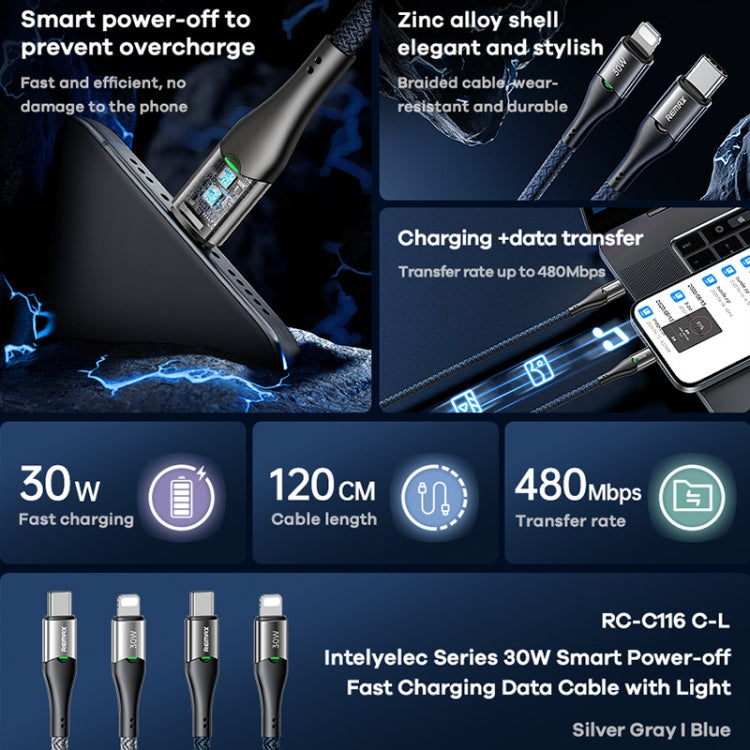 REMAX RC-C116 1.2m 30W Type-C to 8 Pin Smart Power-off Fast Charging Data Cable(Silver) - 2 in 1 Cable by REMAX | Online Shopping UK | buy2fix