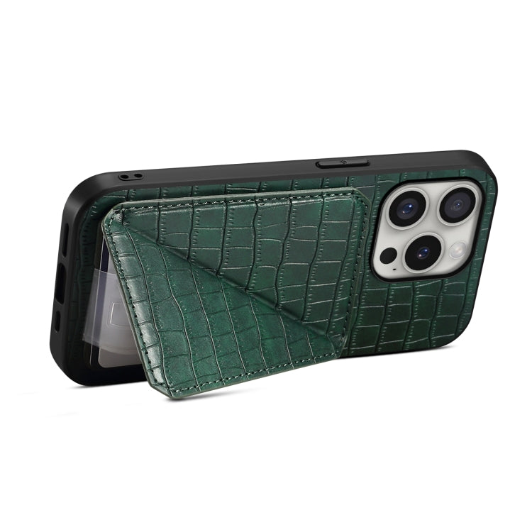 For iPhone 16 Pro Imitation Crocodile Leather Back Phone Case with Holder(Green) - iPhone 16 Pro Cases by buy2fix | Online Shopping UK | buy2fix