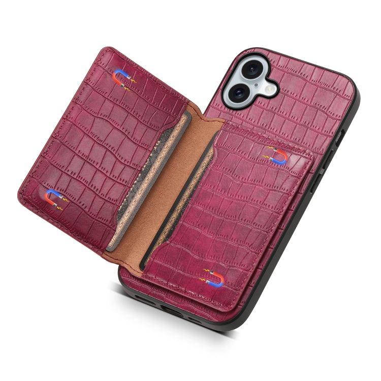 For iPhone 16 Plus Crocodile Texture Card Bag Design Full Coverage Phone Case(Red) - iPhone 16 Plus Cases by buy2fix | Online Shopping UK | buy2fix