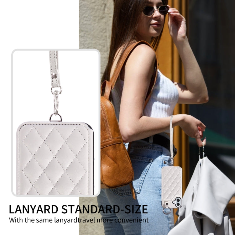 For iPhone 16 Plus Rhombic Texture Card Bag Phone Case with Short Lanyard(White) - iPhone 16 Plus Cases by buy2fix | Online Shopping UK | buy2fix