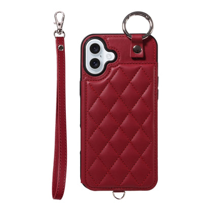 For iPhone 16 Plus Rhombic Texture Card Bag Phone Case with Short Lanyard(Wine Red) - iPhone 16 Plus Cases by buy2fix | Online Shopping UK | buy2fix