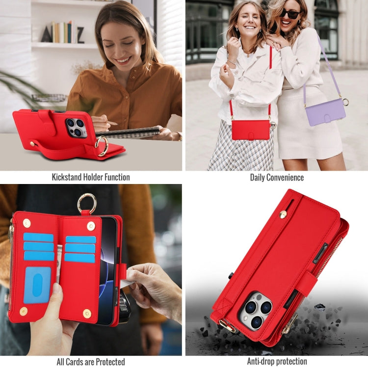 For iPhone 16 Pro Crossbody Ring Multifunctional Wallet Leather Phone Case(Red) - More iPhone Cases by buy2fix | Online Shopping UK | buy2fix