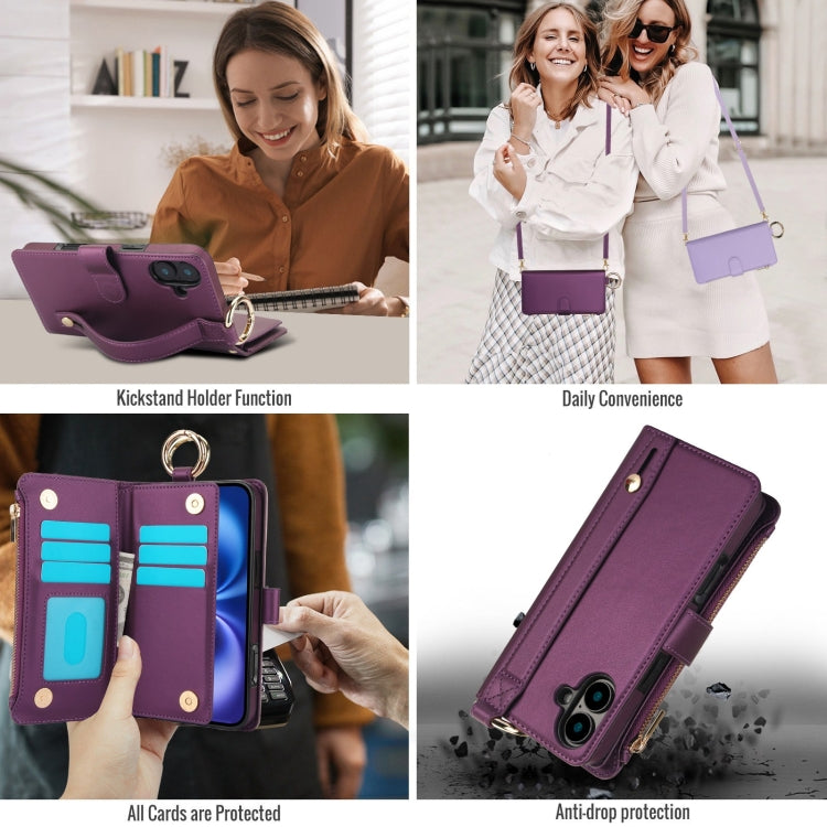 For iPhone 16 Plus Crossbody Ring Multifunctional Wallet Leather Phone Case(Dark Purple) - iPhone 16 Plus Cases by buy2fix | Online Shopping UK | buy2fix