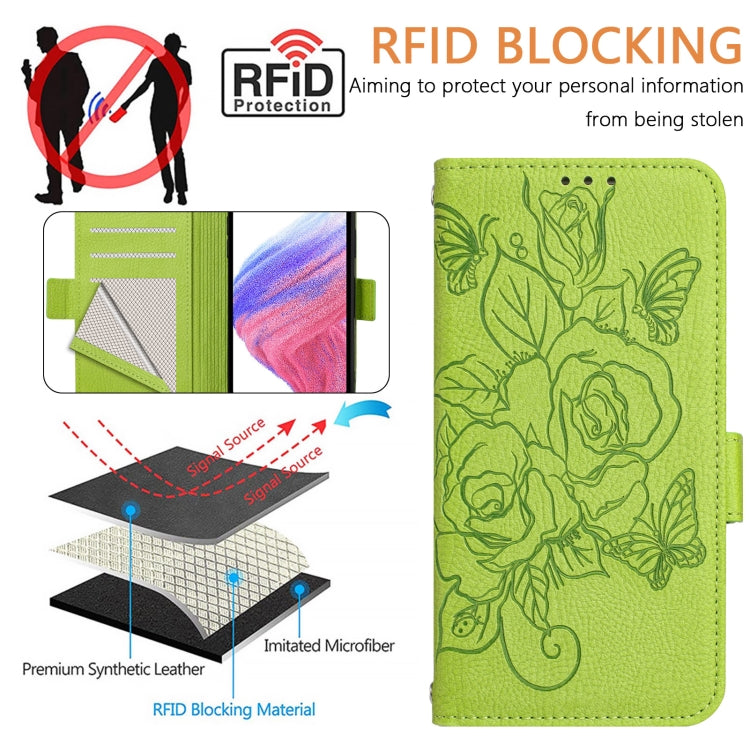 For Blackview WAVE 6C Embossed Rose RFID Anti-theft Leather Phone Case(Green) - More Brand by buy2fix | Online Shopping UK | buy2fix