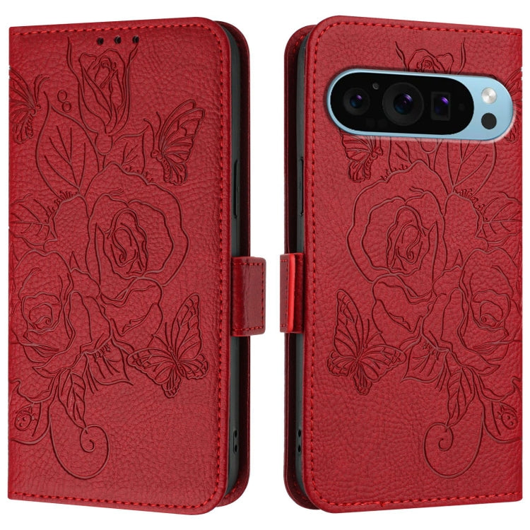 For Google Pixel 9 / 9 Pro Embossed Rose RFID Anti-theft Leather Phone Case(Red) - Google Cases by buy2fix | Online Shopping UK | buy2fix