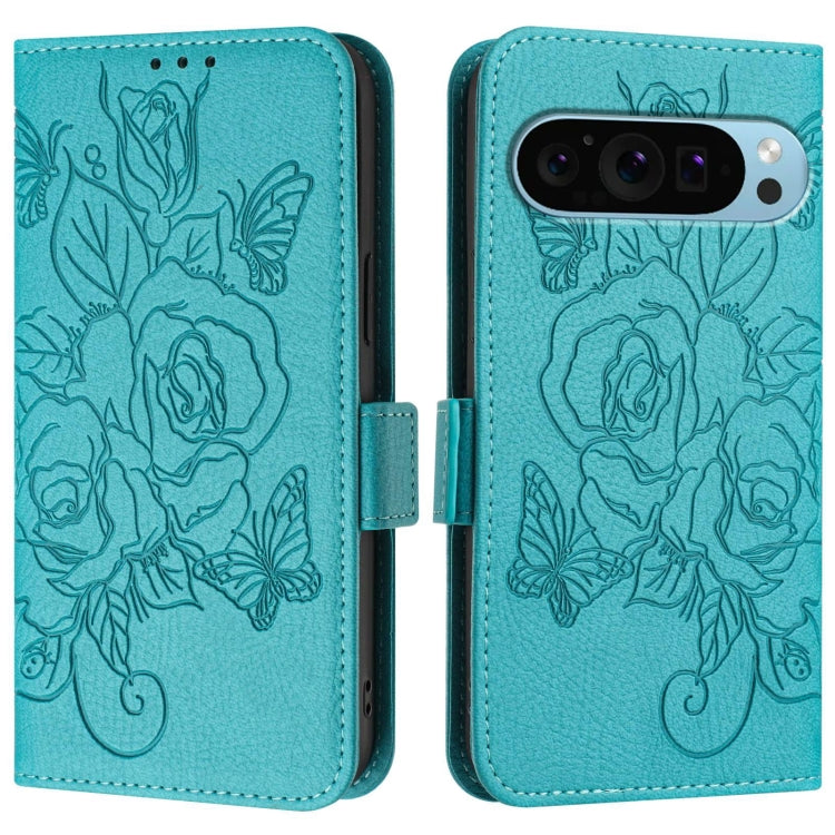 For Google Pixel 9 / 9 Pro Embossed Rose RFID Anti-theft Leather Phone Case(Light Blue) - Google Cases by buy2fix | Online Shopping UK | buy2fix