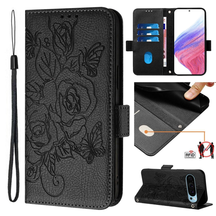 For Google Pixel 9 / 9 Pro Embossed Rose RFID Anti-theft Leather Phone Case(Black) - Google Cases by buy2fix | Online Shopping UK | buy2fix