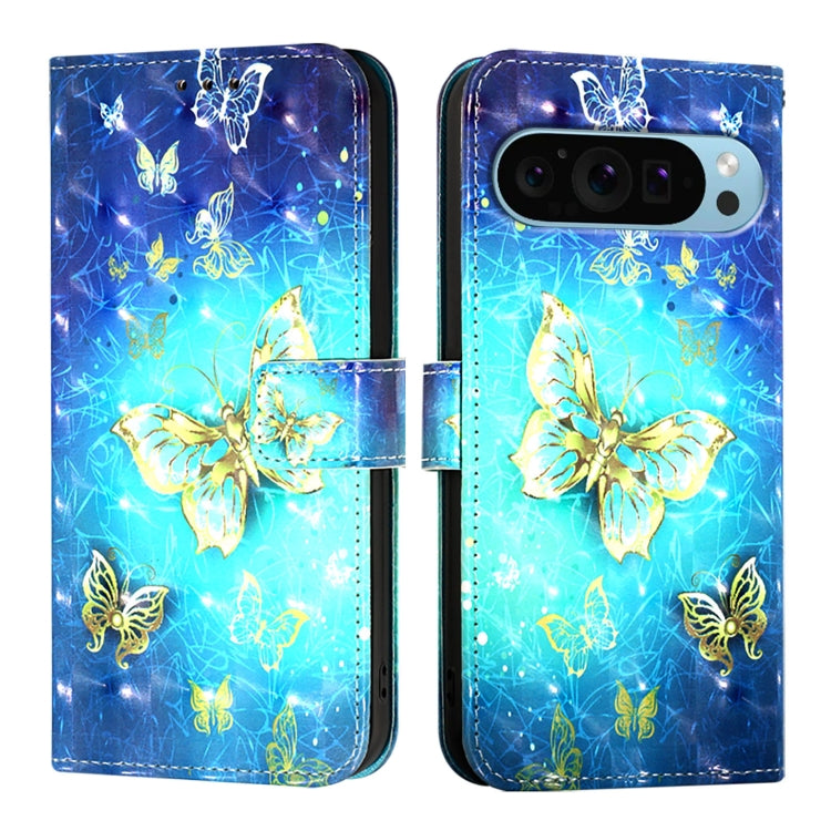 For Google Pixel 9 3D Painting Horizontal Flip Leather Phone Case(Golden Butterfly) - Google Cases by buy2fix | Online Shopping UK | buy2fix