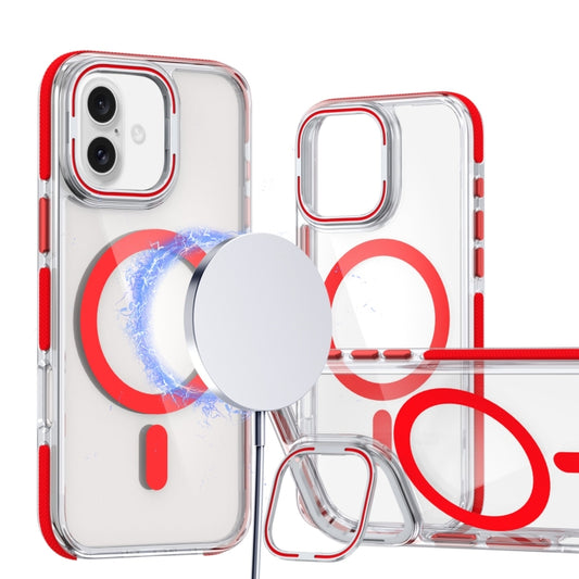 For iPhone 16 Plus Dual-Color Clear Acrylic Hybrid TPU Lens Flip Holder MagSafe Phone Case(Red) - iPhone 16 Plus Cases by buy2fix | Online Shopping UK | buy2fix