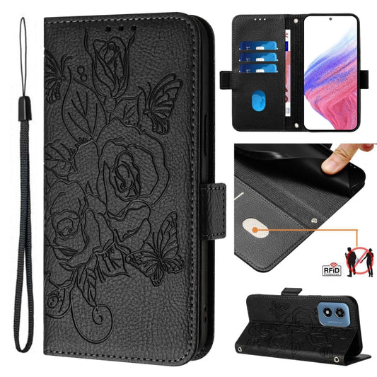 For Motorola Moto G Play 4G 2024 Embossed Rose RFID Anti-theft Leather Phone Case(Black) - Motorola Cases by buy2fix | Online Shopping UK | buy2fix