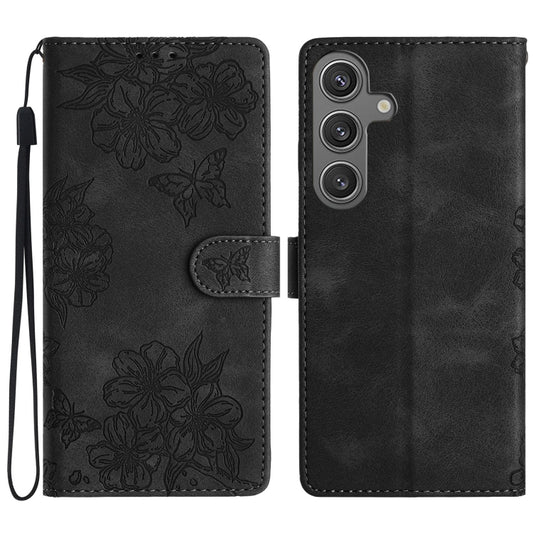 For Samsung Galaxy S25 5G Cherry Blossom Butterfly Skin Feel Embossed PU Phone Case(Black) - Galaxy S25 5G Cases by buy2fix | Online Shopping UK | buy2fix