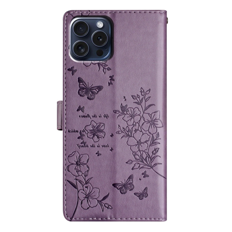 For iPhone 16 Pro Butterflies and Flowers Leather Phone Case(Purple) - iPhone 16 Pro Cases by buy2fix | Online Shopping UK | buy2fix