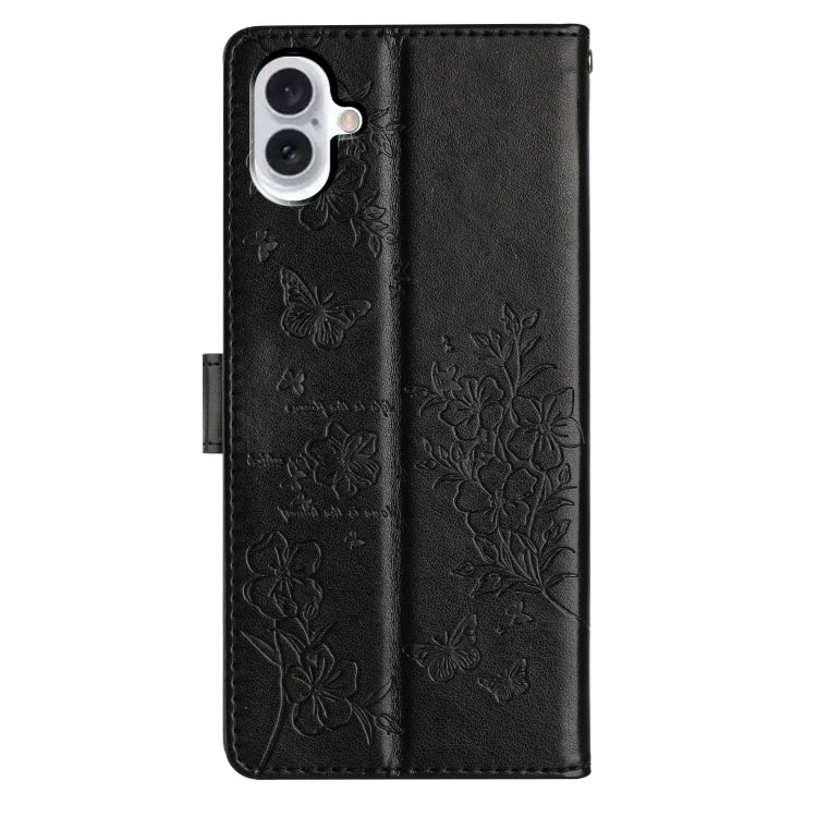 For iPhone 16 Butterflies and Flowers Leather Phone Case(Black) - iPhone 16 Cases by buy2fix | Online Shopping UK | buy2fix