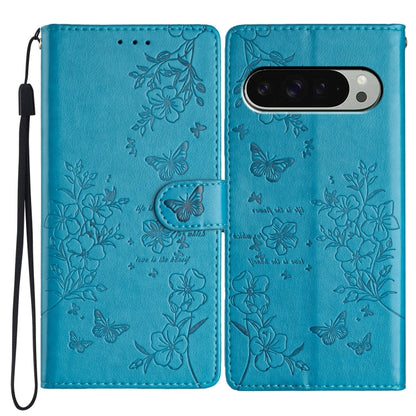 For Google Pixel 9 / 9 Pro Butterflies and Flowers Leather Phone Case(Blue) - Google Cases by buy2fix | Online Shopping UK | buy2fix