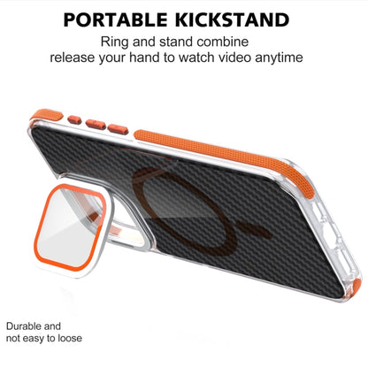 For iPhone 11 Magsafe Dual-Color Carbon Fiber Lens Film Phone Case with Lens Fold Holder(Orange) - iPhone 11 Cases by buy2fix | Online Shopping UK | buy2fix