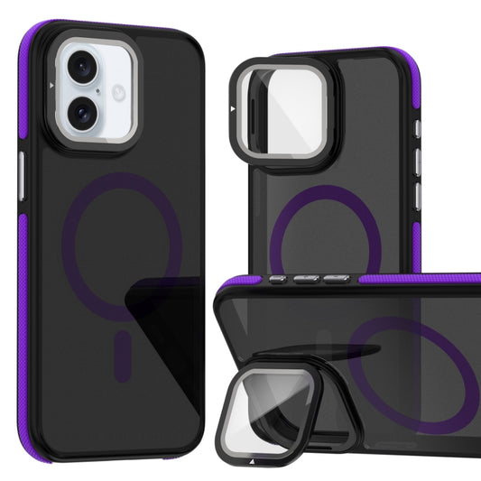 For iPhone 16 Plus Magsafe Dual-Color Skin Feel Lens Film Phone Case with Lens Fold Holder(Purple) - More iPhone Cases by buy2fix | Online Shopping UK | buy2fix